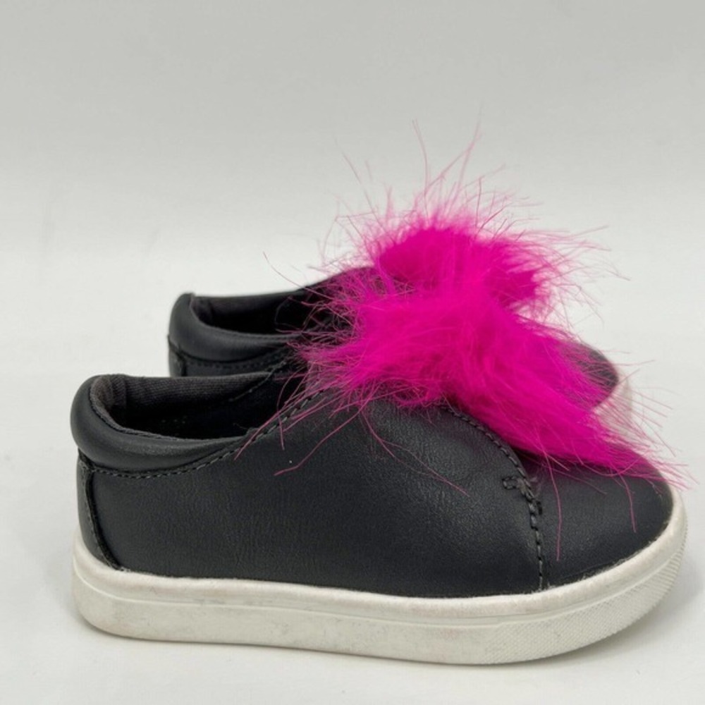 Cat & Jack Sneakers Baby Toddler Sz 6 Navy Blue Pink Leather Slip On Pom Pom
